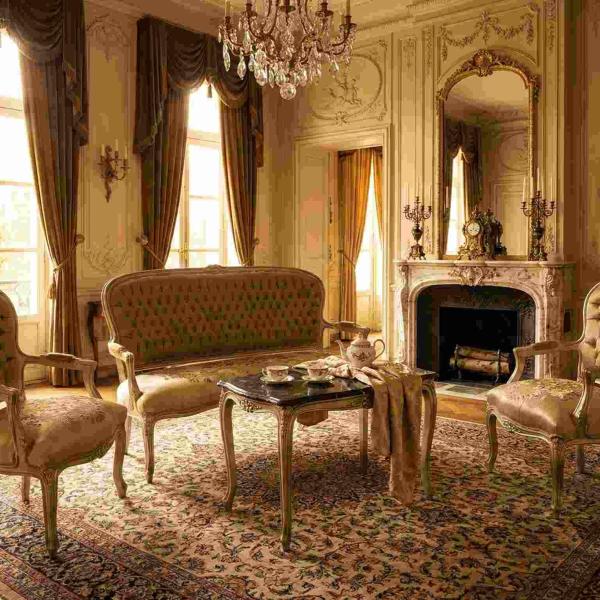 Barocke Salongarnitur - Stil Louis XVI - Farbe Champagner - Dreisitzer-Sofa+Zwei Sessel+Coffeetable - MACE