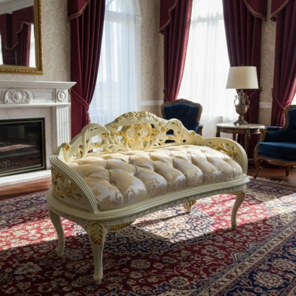 MACE-Barock-Sitzbank – Gestell in Goldbeige – Stoff in Gold-Champagner – kleines Damen-Sitzsofa – Kommodensofa – Barockmöbel
