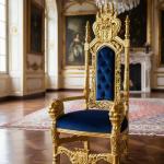 MACE Heritage – Barocker Thronsessel aus Massivholz mit Löwenarmlehnen, Samtpolsterung in Tiefblau