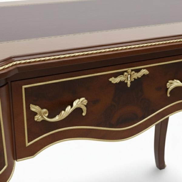 MACE Heritage – Louis XV Baroque Desk in Wood with Brass, 3 Drawers, Leather-Style Top
