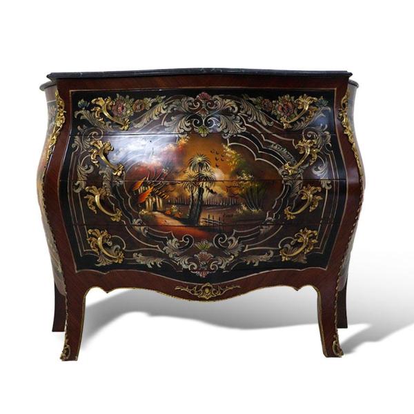 MACE Heritage – Barocke Louis-XV-Kommode mit handgemalter Ölmalerei, Messingbeschlägen und Natur-Marmorplatte