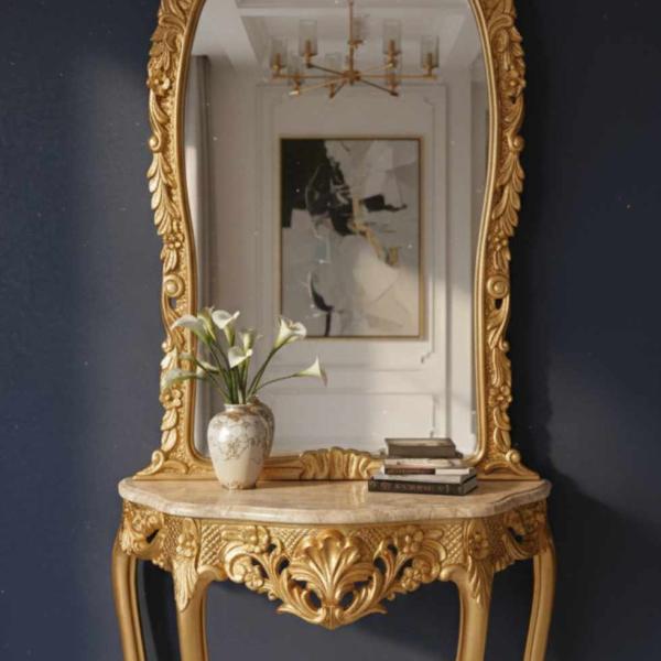 MACE Heritage – Baroque Console Mirror with Beige Marble Top in Antique Gold