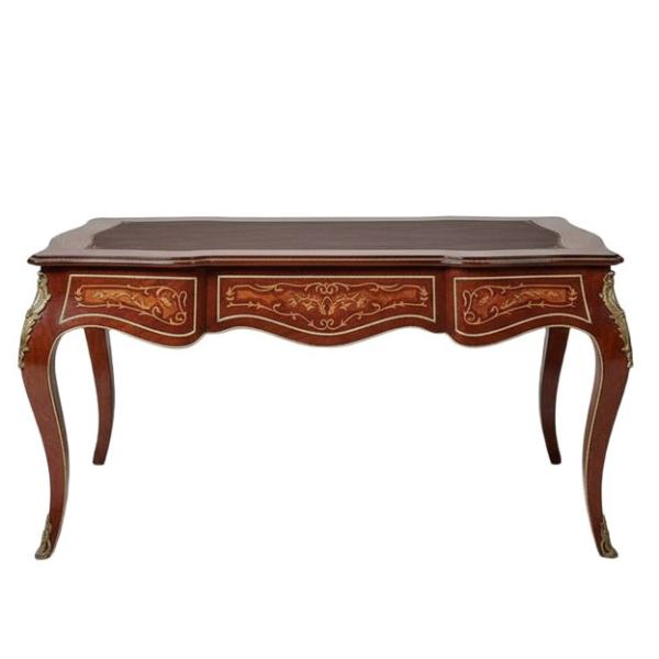 Luxuriöser Schreibtisch im Barockstil - Braun - Messing - Drei Schubladen - Arbeitsplatte aus Kunstleder - Intarsien - Büromöbel - MACE