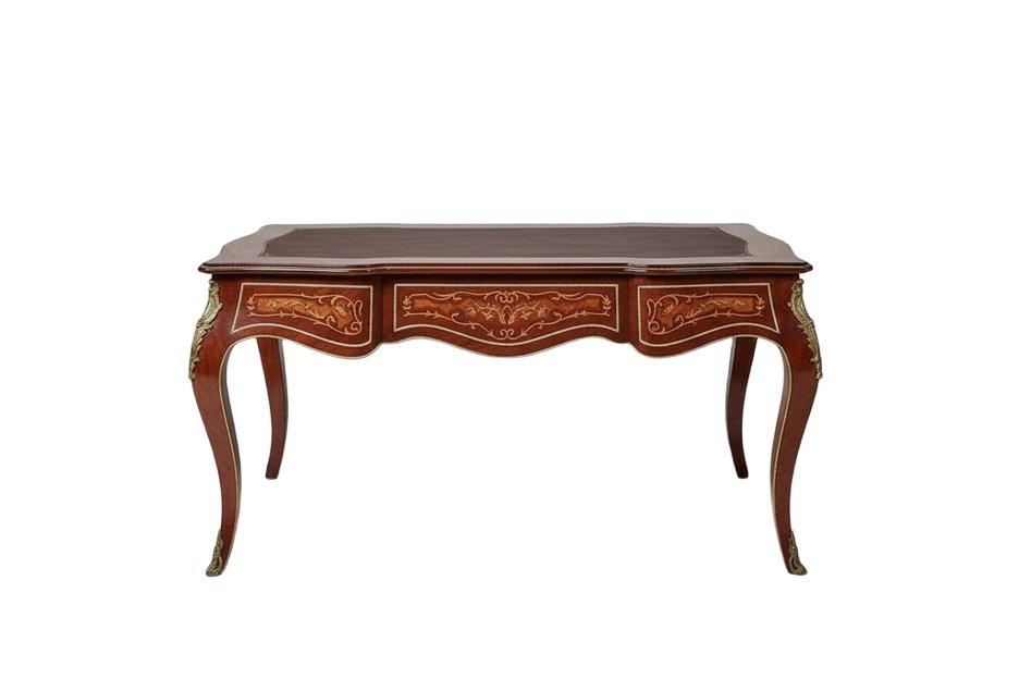 Luxuriöser Schreibtisch im Barockstil - Braun - Messing - Drei Schubladen - Arbeitsplatte aus Kunstleder - Intarsien - Büromöbel - MACE
