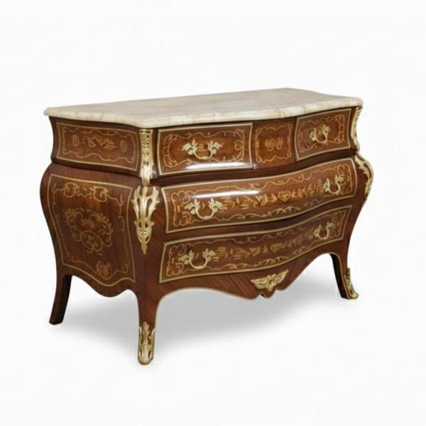 MACE Heritage-Barock Kommode-Braun Farbe-Messing- Vier Schubladen- Beige Marmorplatte- Intarsien -140cm