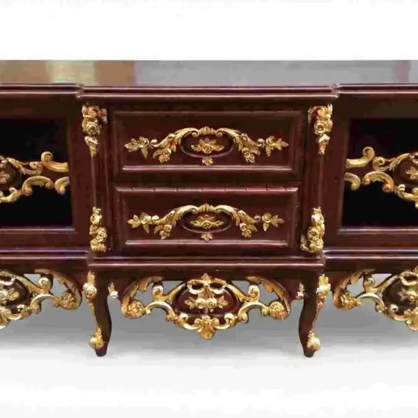 MACE Heritage – Barock TV-Lowboard aus braunem Buchenholz mit Gold-Paperleaf-Veredelung – Handgefertigt – 145×60×65 cm