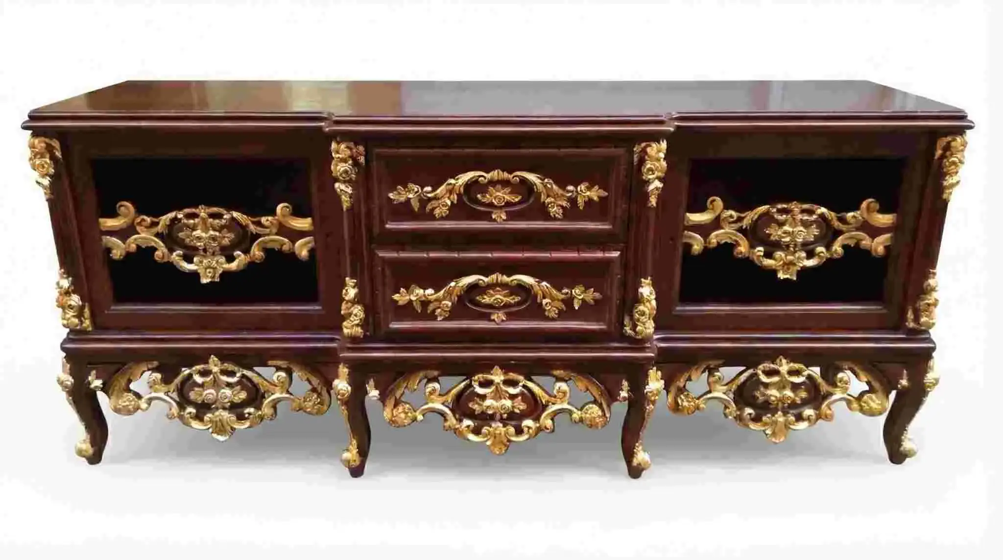 MACE Heritage – Baroque TV Unit in Brown Beech Wood with Gold Paper Leafs – Handcrafted – 145×60×65 cm