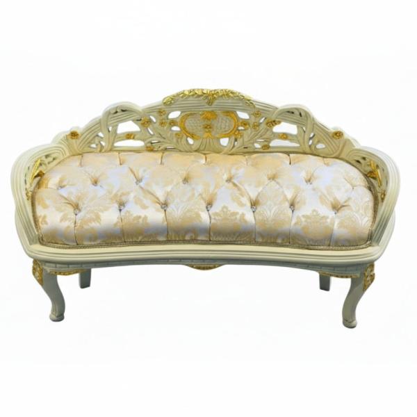 MACE-Barock-Sitzbank – Gestell in Goldbeige – Stoff in Gold-Champagner – kleines Damen-Sitzsofa – Kommodensofa – Barockmöbel