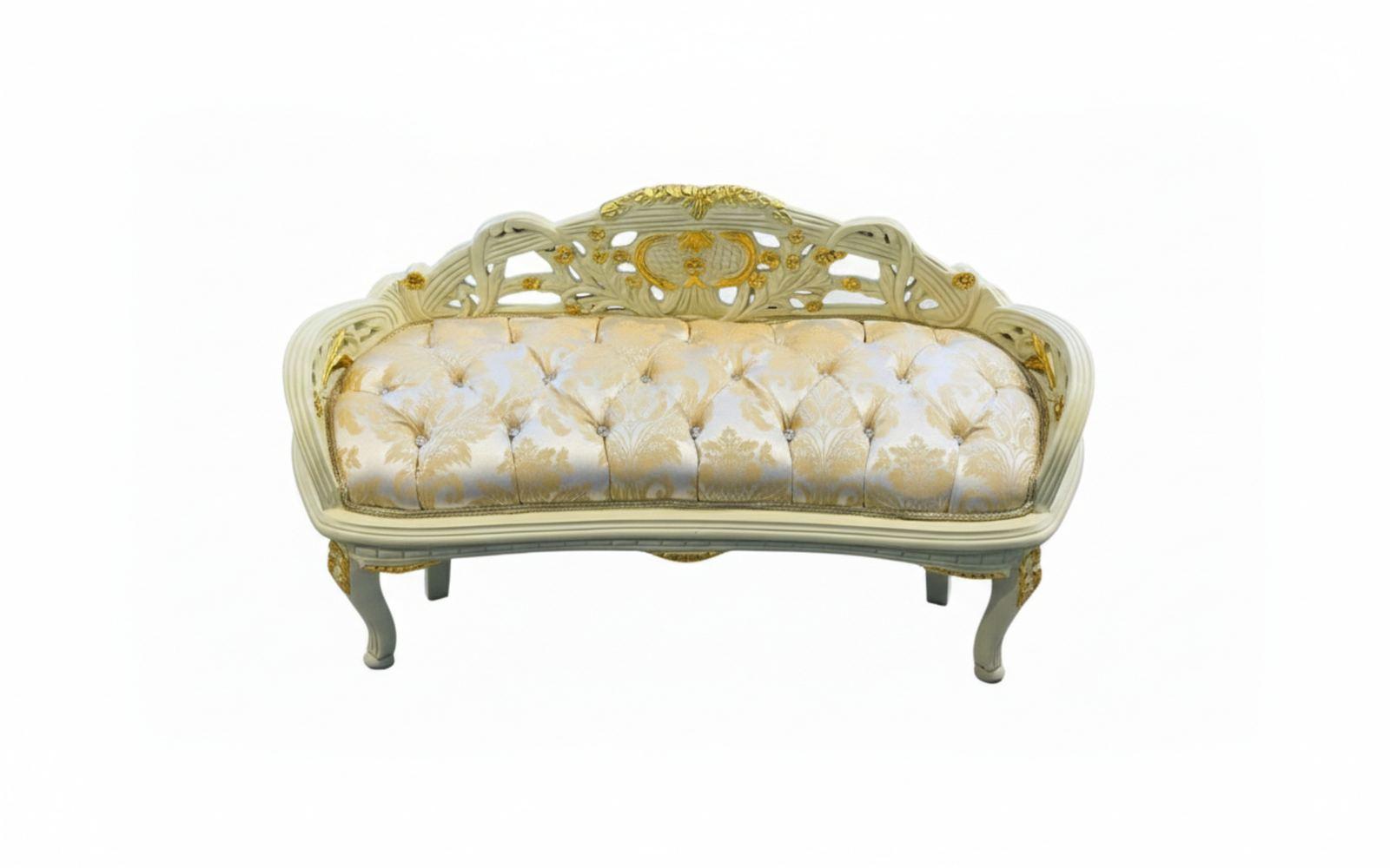 MACE-Barock-Sitzbank – Gestell in Goldbeige – Stoff in Gold-Champagner – kleines Damen-Sitzsofa – Kommodensofa – Barockmöbel